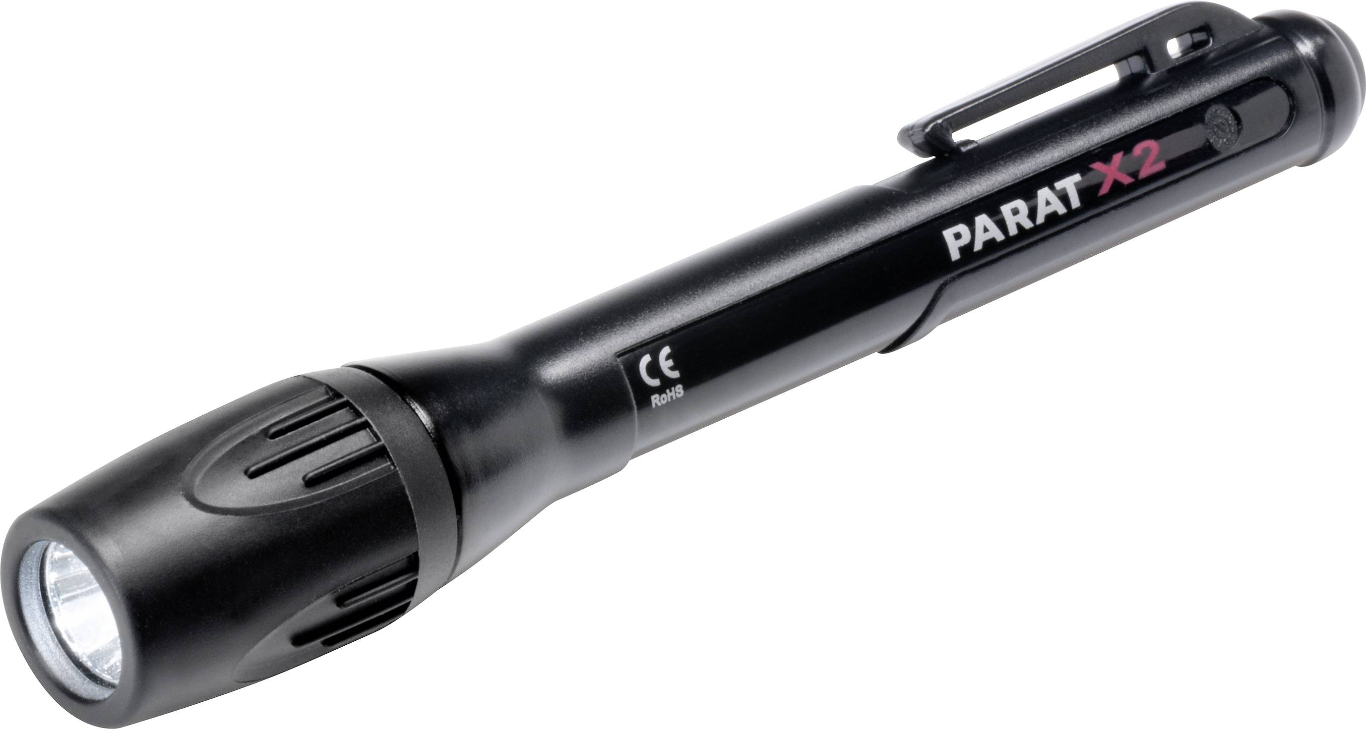 Czarna latarka z napisem 'PARAT X2'. Posiada klips do mocowania i jest przystosowana do użycia.