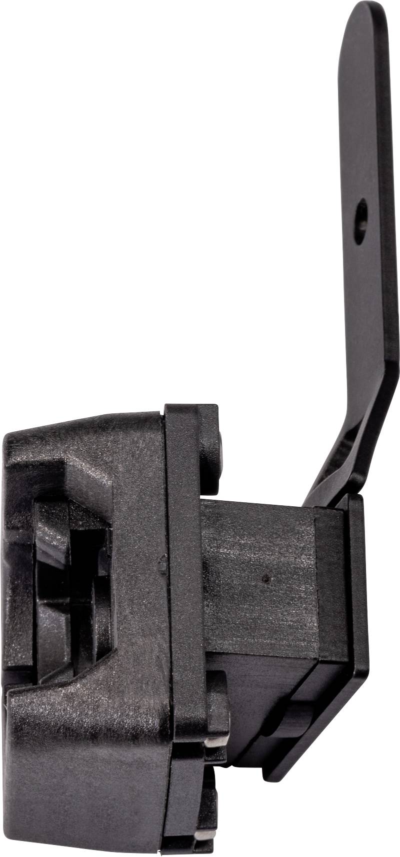 Czarna plastikowa część z dźwignią, przypominająca mechanizm blokujący.