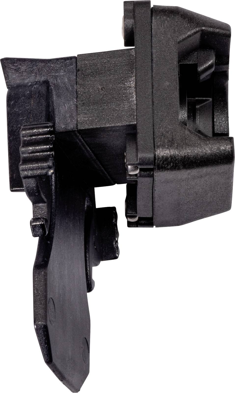 Czarna plastikowa część z mechanizmem zawiasowym, prawdopodobnie element większego urządzenia technicznego lub obudowy.