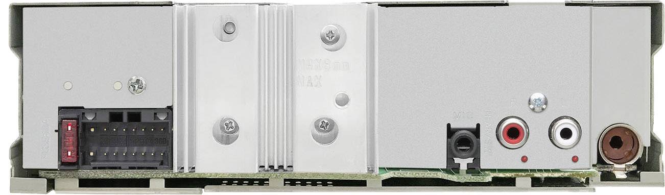 Widok z tyłu wzmacniacza audio z przyłączami: złącze zasilania, gniazda głośnikowe, wejścia audio w kolorach czerwonym i białym, złącze anteny.