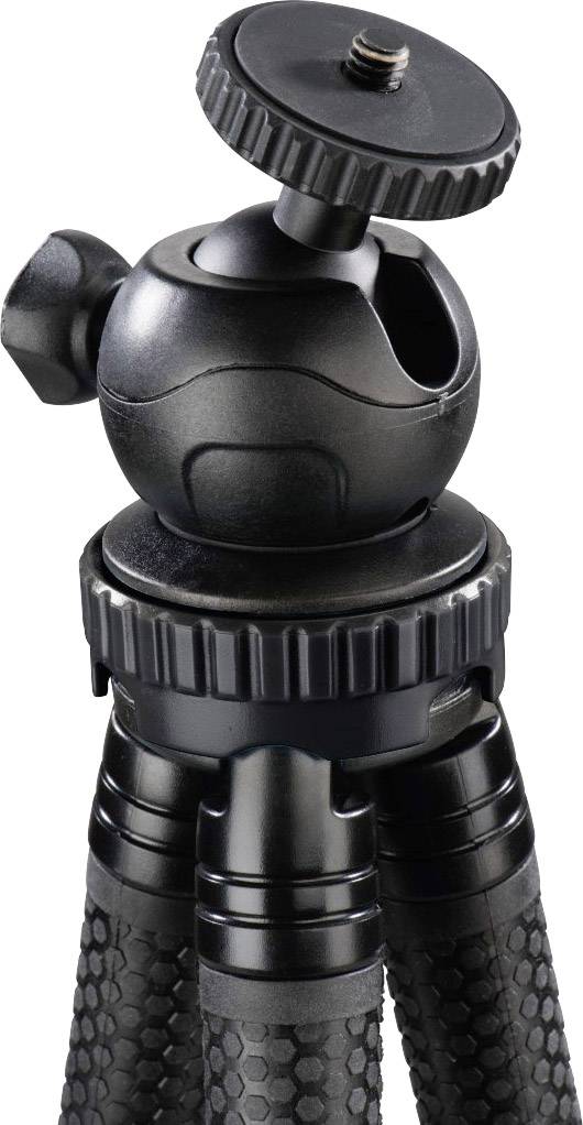Czarny statyw fotograficzny o trzech nogach z regulowaną głowicą kulową do zamocowania aparatu lub akcesoriów.