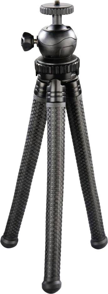 Czarny, elastyczny statyw z trzema regulowanymi nogami i obrotową głowicą. Idealny do fotografii lub nagrań wideo.