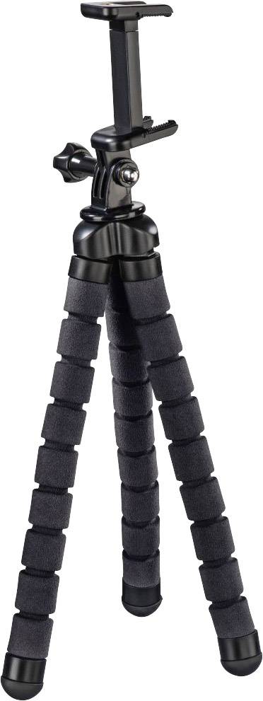 Czarny, elastyczny statyw z trzema giętymi nogami oraz uchwytem do smartfonów lub małych kamer.