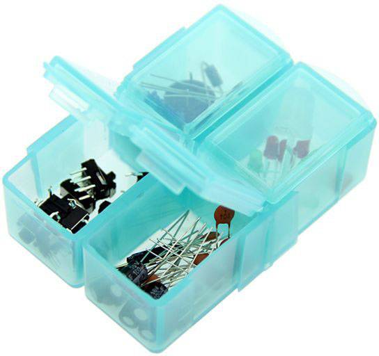 Przezroczyste zielone pudełko plastikowe z trzema przegródkami, z których każda zawiera elementy elektroniczne, takie jak przełączniki i rezystory.