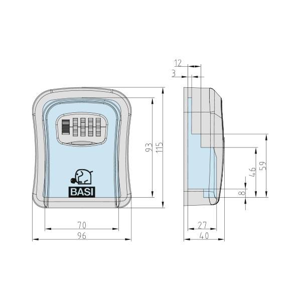 Rysunek techniczny okucia zabezpieczającego drzwi Basi z wymiarami: wysokość 115 mm, szerokość 96 mm, głębokość 40 mm, z kombinacją cyfr.