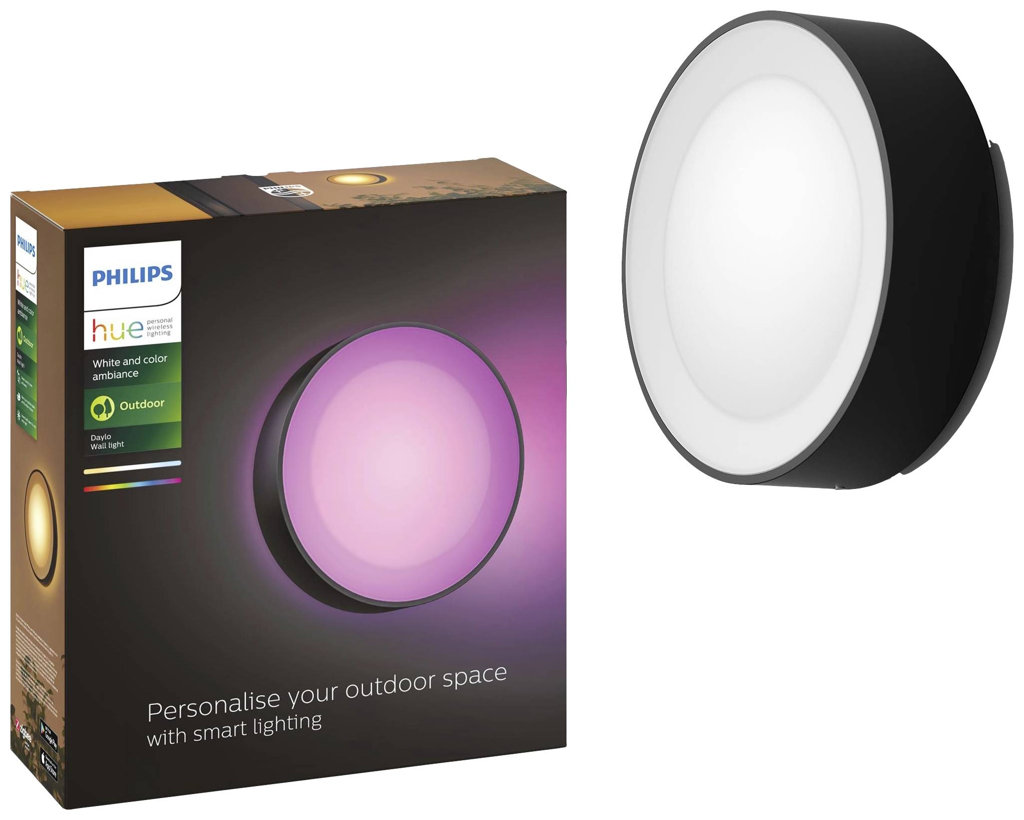 Pudełko 'Philips Hue Outdoor Light' przedstawia okrągłą, zmieniającą kolory lampę LED do użytku na zewnątrz. Tekst: 'Spersonalizuj swoje przestrzenie zewnętrzne za pomocą inteligentnego oświetlenia'.