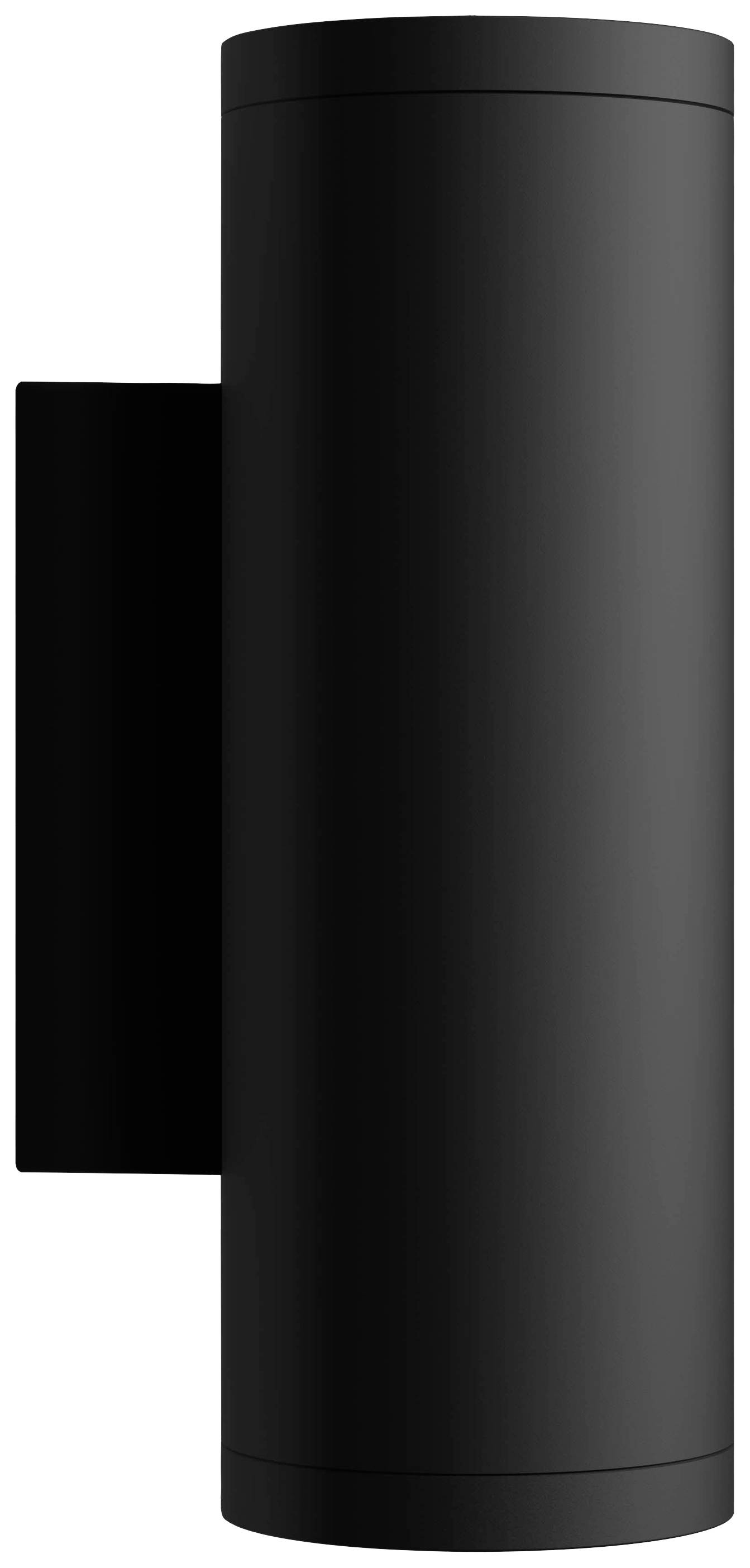 Czarna cylindryczna lampa ścienna o prostym, nowoczesnym designie.