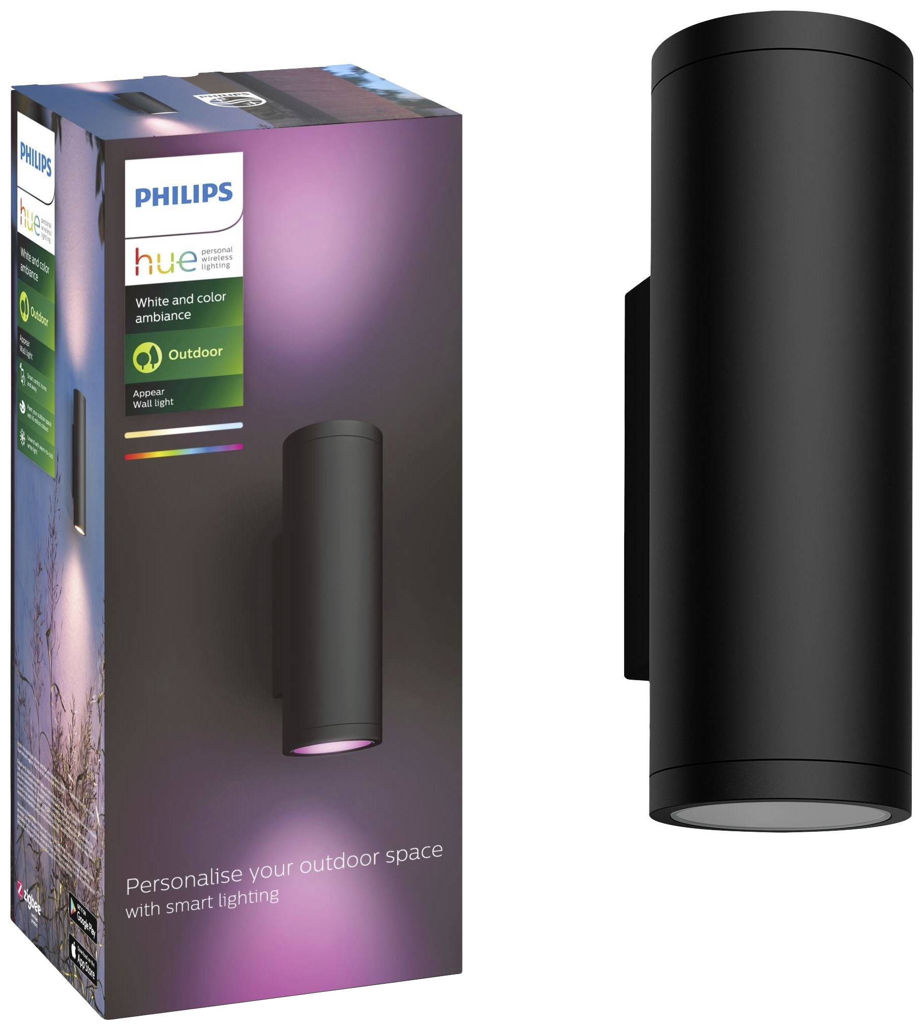 Czarna lampa ścienna Philips Hue do użytku na zewnątrz, stojąca przed opakowaniem. Na opakowaniu widoczne są opcje oświetlenia oraz logo.