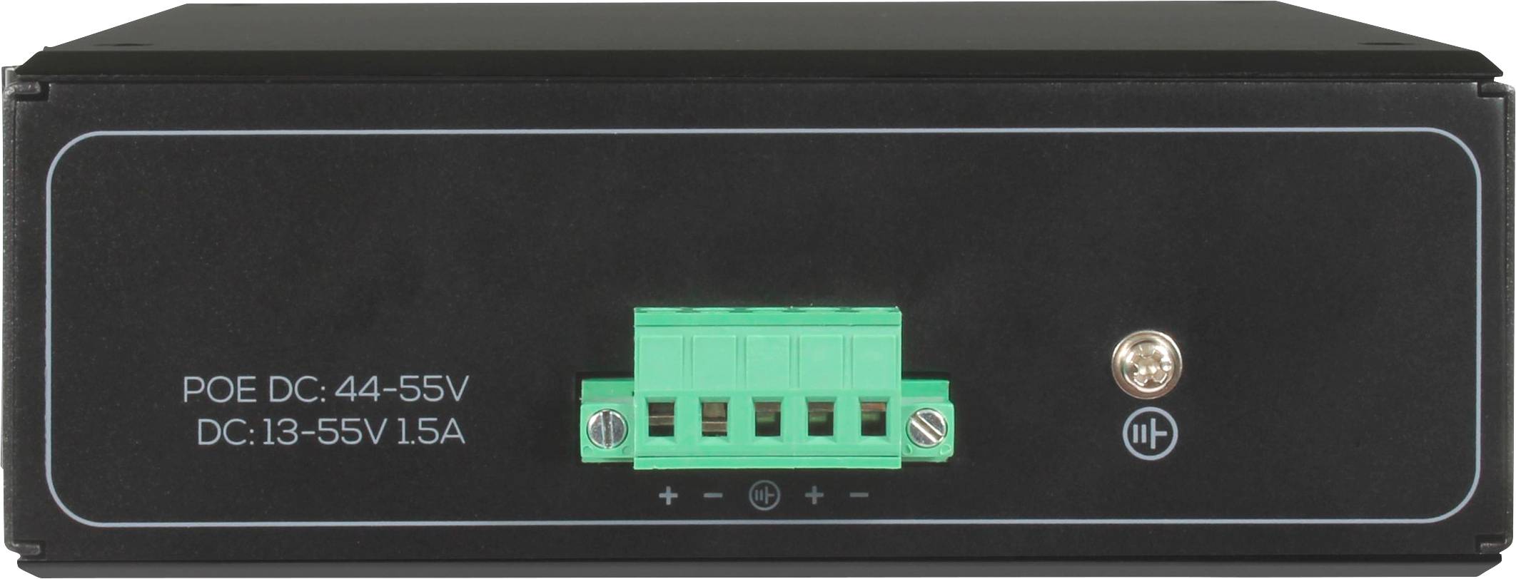 Czarne urządzenie elektroniczne z zielonym gniazdem z oznaczeniami 'POE DC: 44-55V' oraz 'DC: 13-55V 1.5A'.