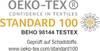 Logo 'OEKO-TEX STANDARD 100' z tekstem: 'Sprawdzone pod kątem substancji szkodliwych. www.oeko-tex.com/standard100'.