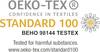 Logo 'OEKO-TEX STANDARD 100' z tekstem 'Zaufanie w Tekstyliach'. Numer certyfikatu 'BEHO 98144 TESTEX'. Informacja o testach na obecność substancji szkodliwych.