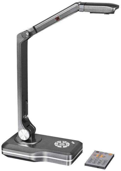 Szary, składany skaner dokumentów z prostokątną głowicą kamery, wyposażony w pilot zdalnego sterowania, przeznaczony do skanowania dokumentów.