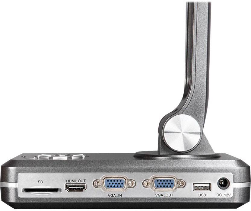 Mały elektroniczny sprzęt z różnymi złączami: gniazdo karty SD, HDMI, VGA, USB oraz DC 12V do zasilania.