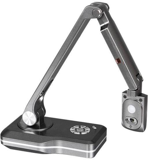 Przenośny skaner dokumentów z kamerą, wyposażony w przegubowe ramię, wielofunkcyjne przyciski sterujące oraz zintegrowaną kamerę.