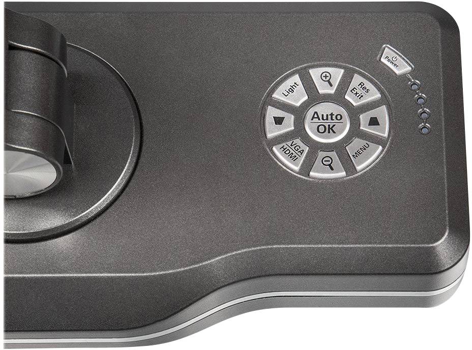 Szara płyta sterująca z przyciskami 'Auto OK', 'Light', 'Menu', 'VGA/HDMI', 'Rotate 90°', 'Exit' oraz małą diodą LED.