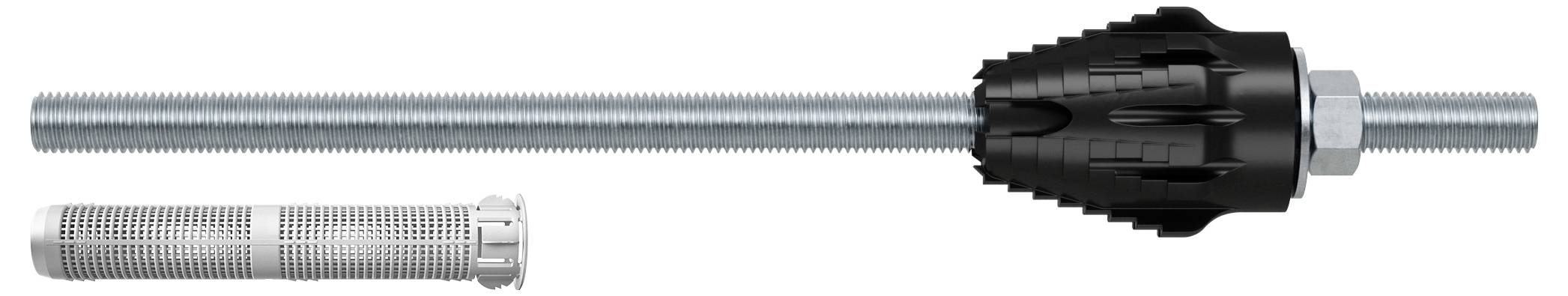 Długi kołek rozporowy z cylindryczną gwintowaną prętem i metalowym kołkiem, z prawej i lewej strony włożoną tuleją sitową; do mocowania w murze.