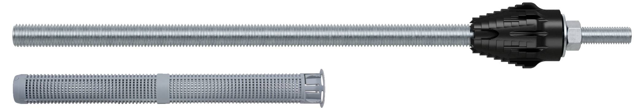 Metalowy wkręt z czarnym kołkiem z tworzywa sztucznego i szarym cylindrem siatkowym do pewnego mocowania w ścianach betonowych.