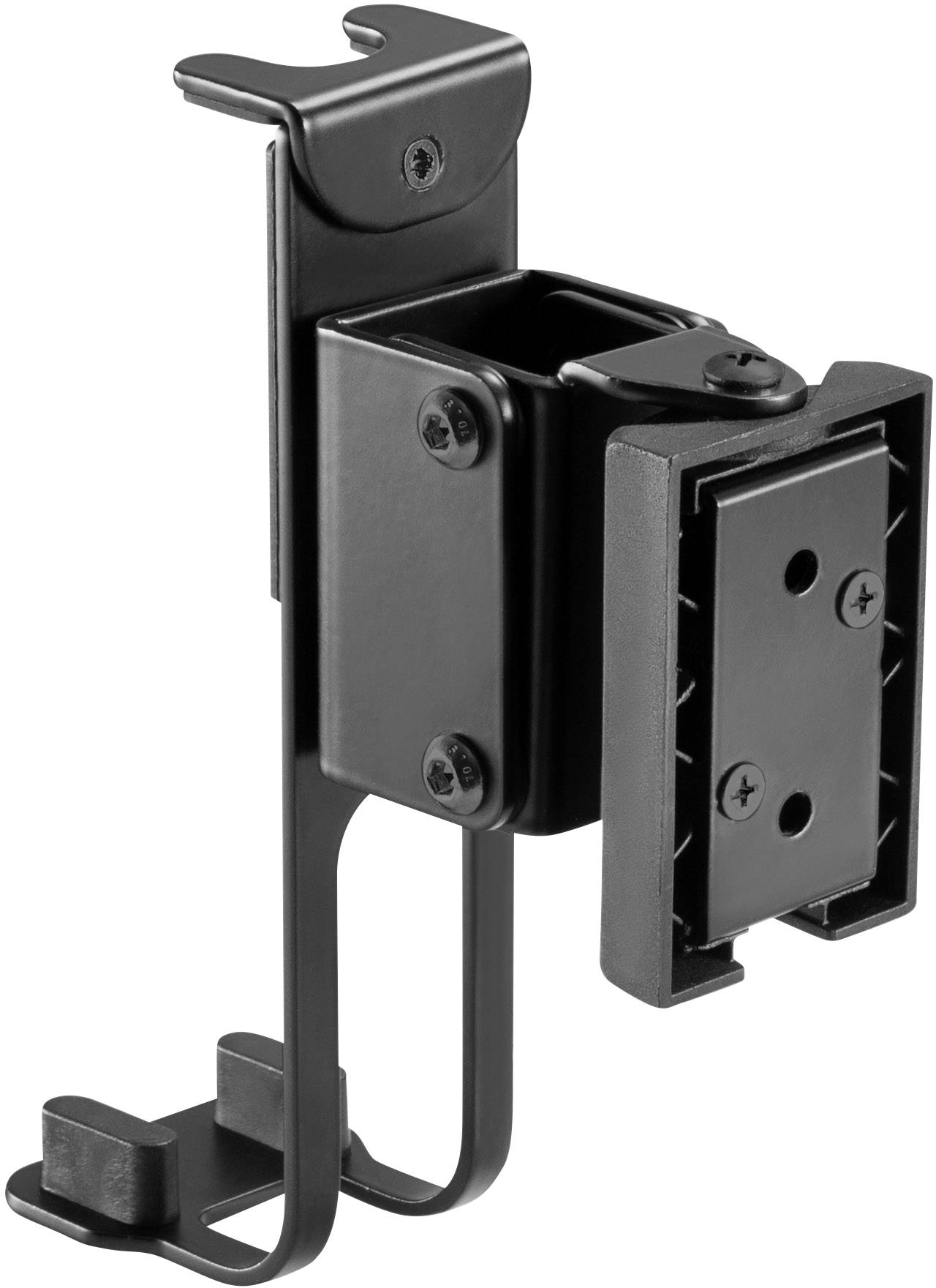 Czarna wspornik ścienny z otworami na śruby, odpowiedni do montażu urządzeń technicznych lub akcesoriów.