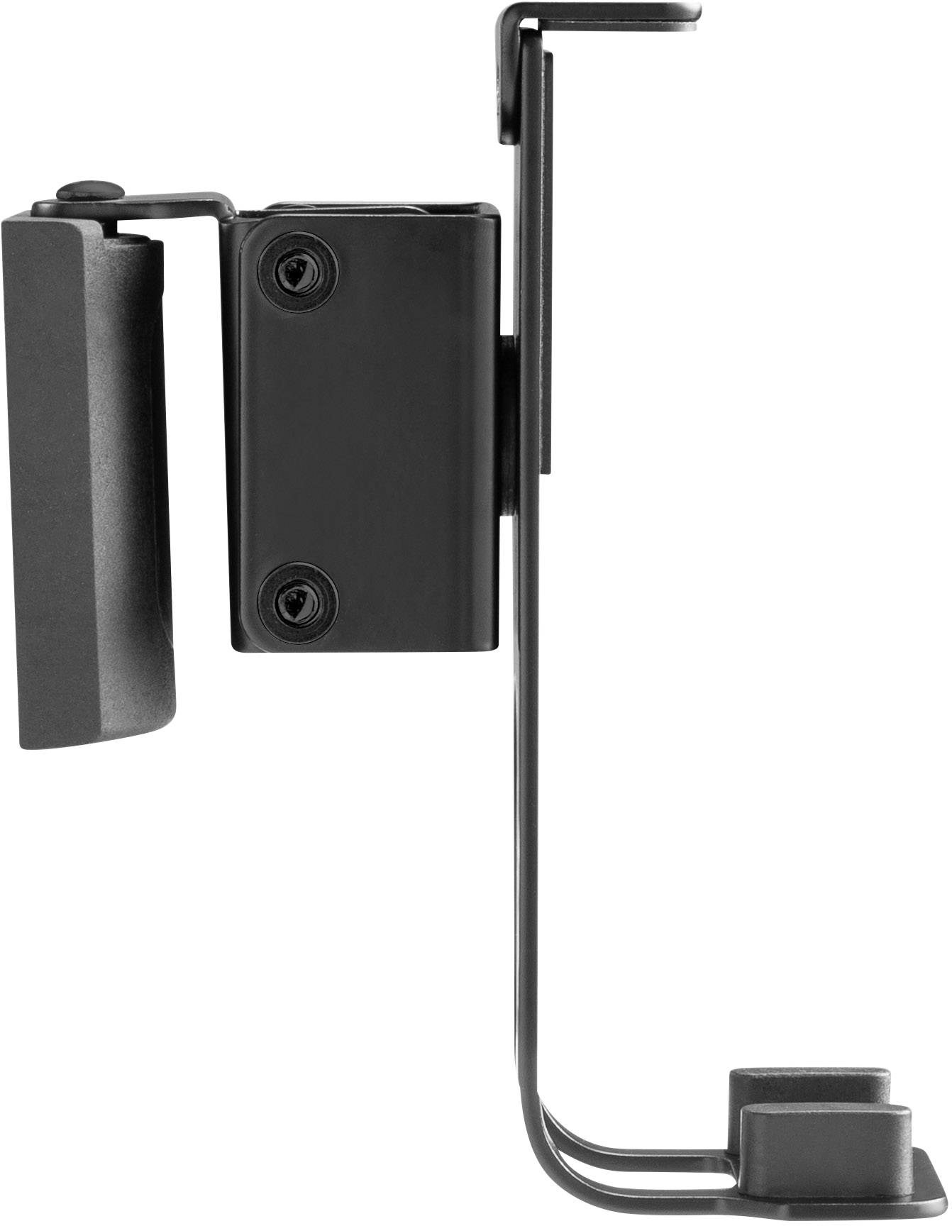 Czarny metalowy uchwyt zamontowany z boku, prawdopodobnie służący do mocowania przedmiotów na ścianie lub meblu.