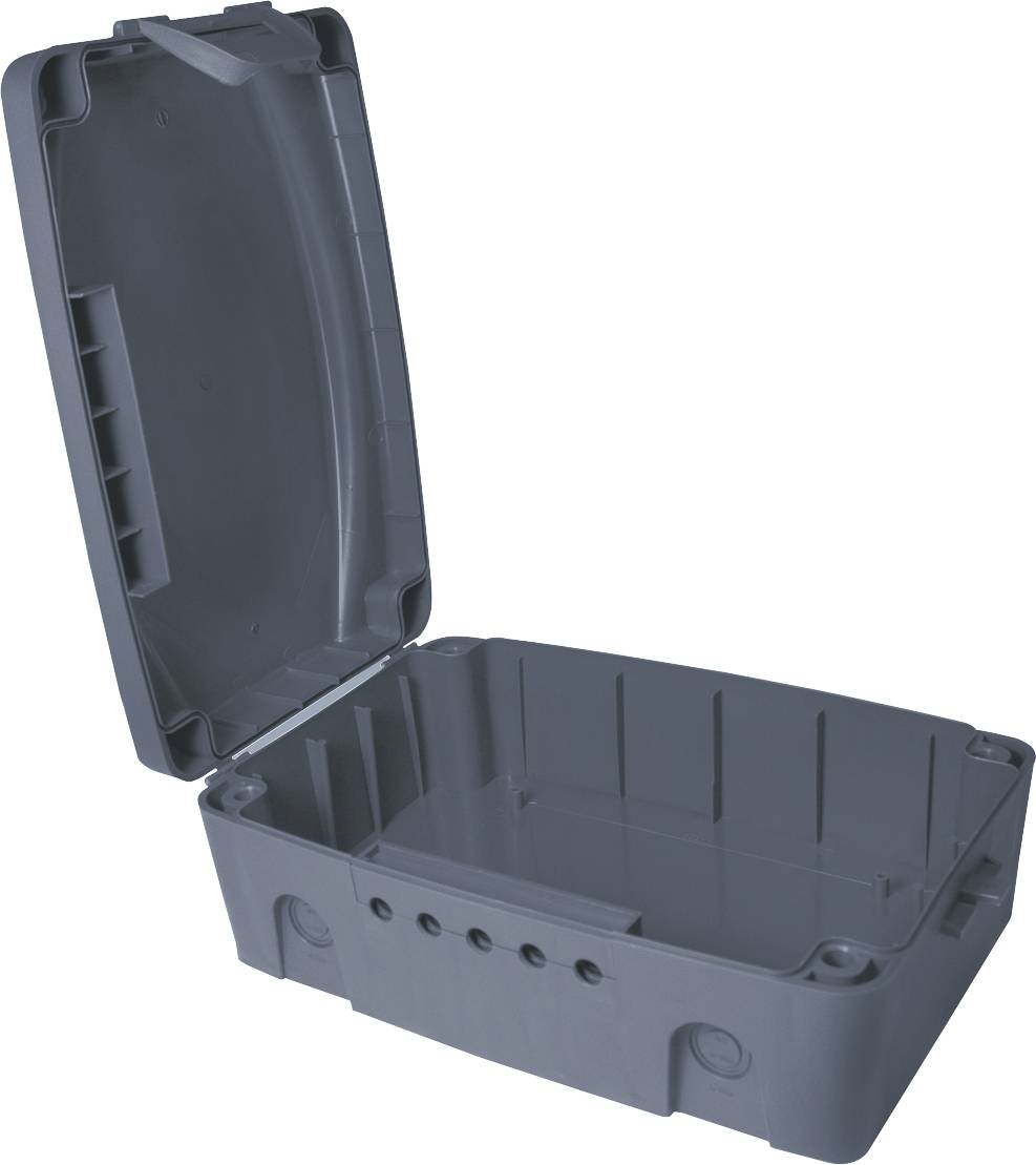 Szare, otwarte pudełko z tworzywa sztucznego z pokrywą na zawiasach; przeznaczone do przechowywania komponentów elektronicznych lub prowadzenia okablowania.