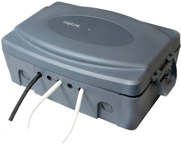 LogiLink hermetyczna skrzynka przyłączeniowa z trzema wyprowadzającymi przewodami. Skrzynka jest zamknięta i przystosowana do użytku na zewnątrz.