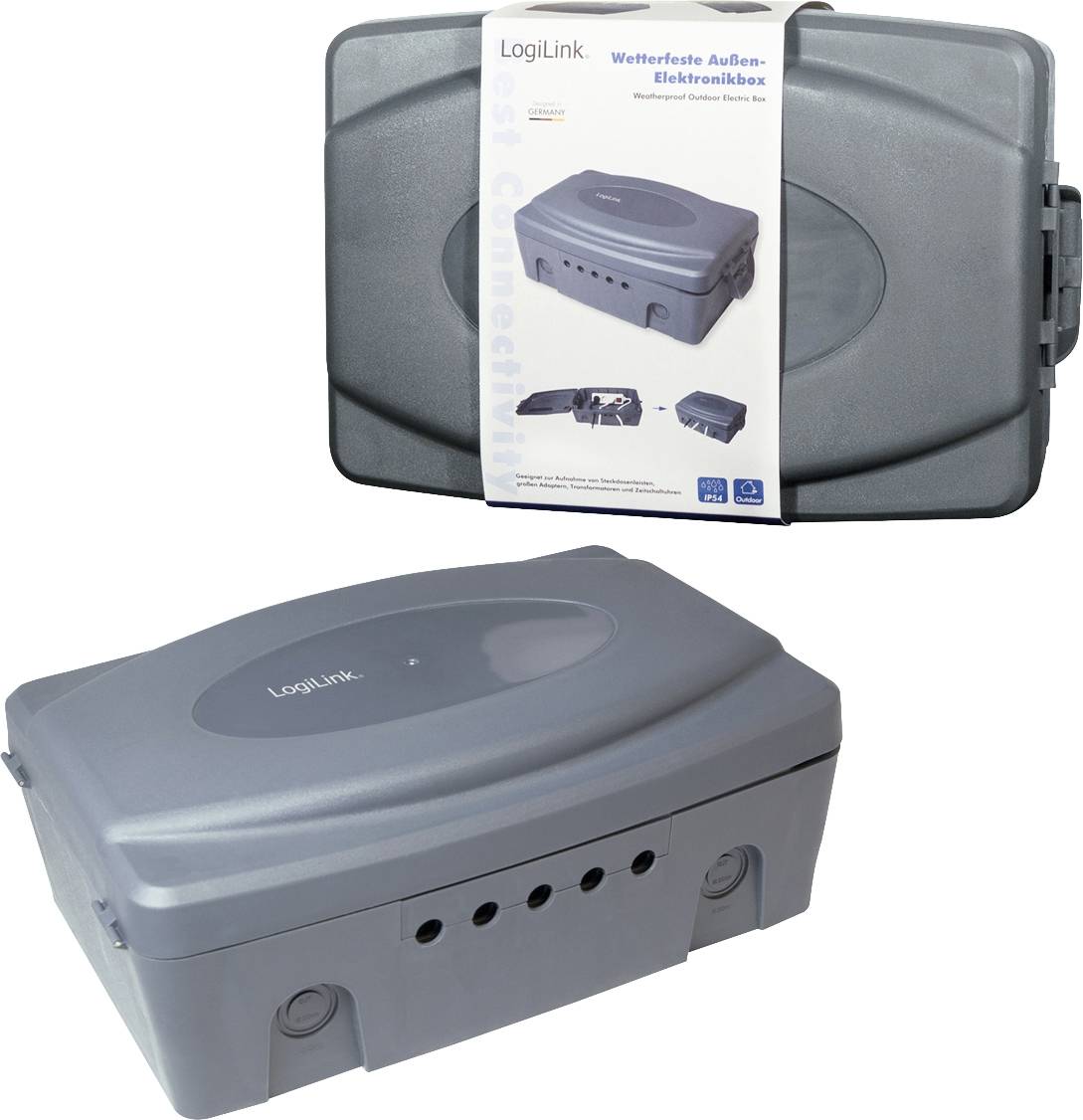 LogiLink Wodoodporne pudełko elektroniczne do zastosowań zewnętrznych, szare obudowa z zapięciem na rzep, przeznaczone do użytku na wolnym powietrzu. Rysunek opakowania powyżej.