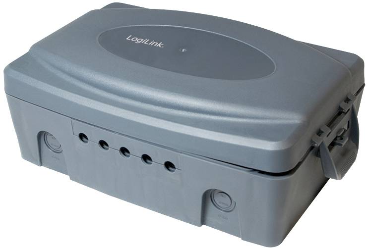 Szara, wodoodporna skrzynka ochronna na zewnętrzne gniazdka elektryczne. Wytrzymała i zamykana, zapewnia miejsce dla wielu połączeń kablowych.