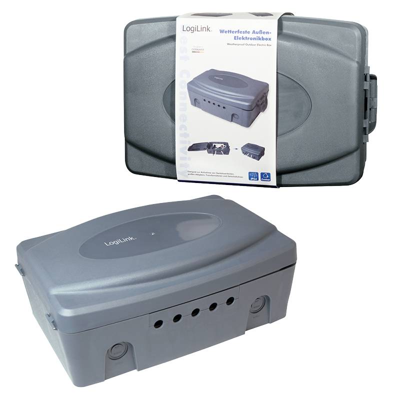 Wodoodporne pudło elektroniczne LogiLink, szare, prostokątne, chroniące urządzenia elektroniczne przed warunkami atmosferycznymi.