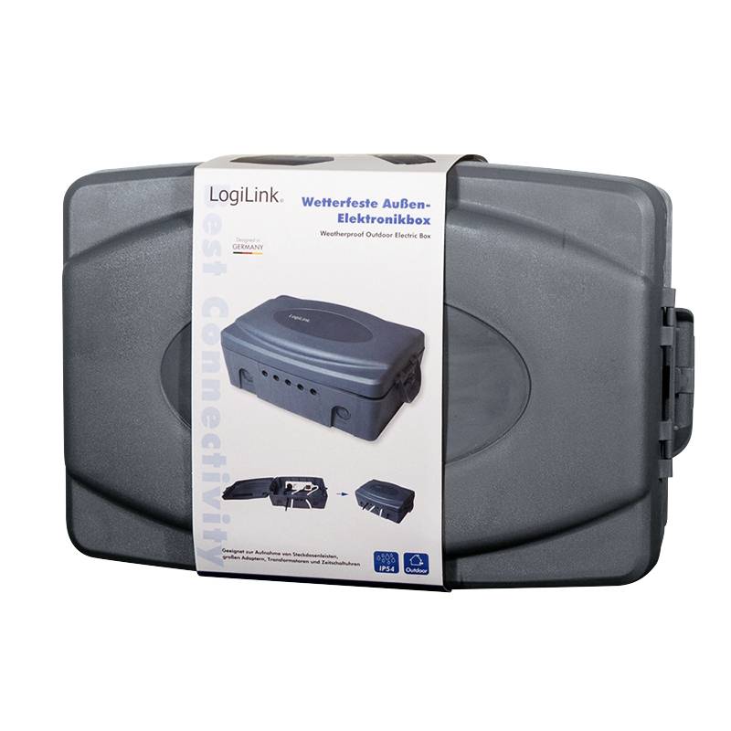 Szara, odporna na warunki atmosferyczne obudowa elektroniczna firmy LogiLink z obrazkiem i opisem na opakowaniu, idealna do zastosowań na zewnątrz.