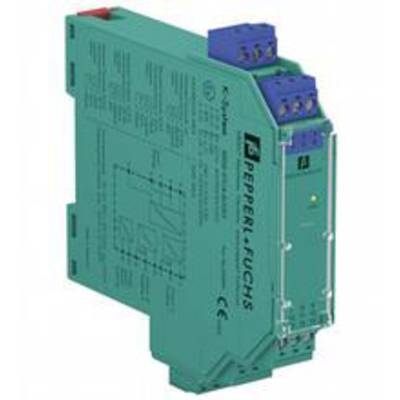 Zielony moduł elektroniczny firmy Pepperl+Fuchs z niebieskimi i czerwonymi złączami na górze. Służy jako wzmacniacz separacyjny w zastosowaniach przemysłowych.