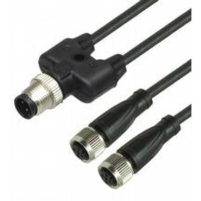 Kabel adaptera Y z trzema złączami: jeden okrągły wtyk po jednej stronie, dwa okrągłe wtyki po drugiej stronie.