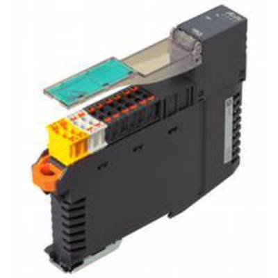 Elektroniczny moduł z czarnymi i kolorowo oznaczonymi zaciskami przyłączeniowymi do instalacji w szafie sterowniczej.