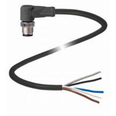 Czarny kabel z pięcioma kolorowymi końcówkami przewodów i wtyczką kątową. Odpowiedni do łączenia urządzeń elektronicznych.
