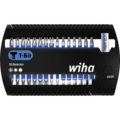 'XLSelector T-Bit Wiha': Zestaw grotów wkrętakowych w pudełku, kolorowe końcówki bitów widoczne. Zawiera różne typy bitów do różnych rodzajów śrub.