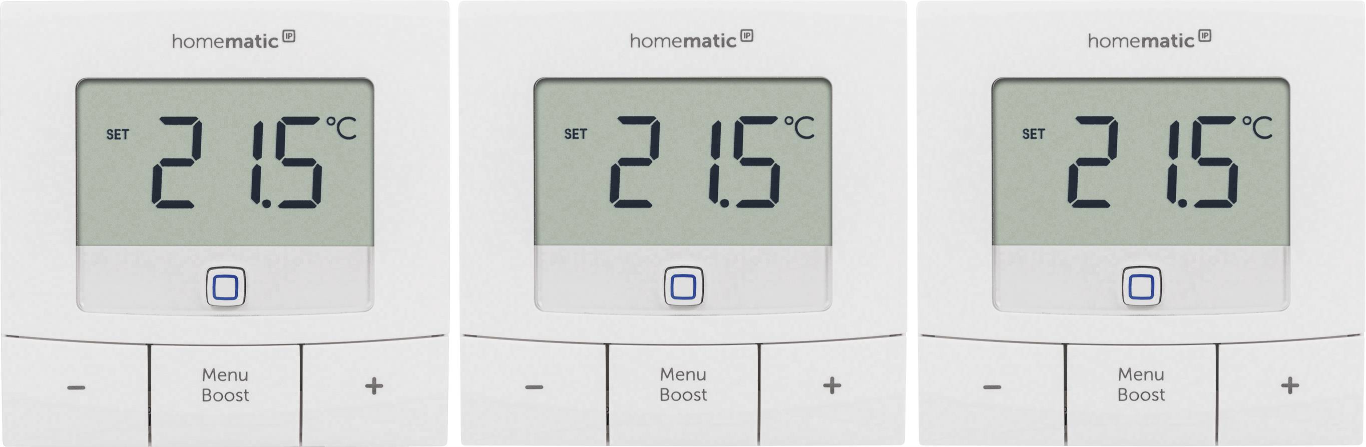 Trzy cyfrowe termostaty, każdy z wyświetlaczem '21,5°C'. Centryczny kwadratowy przycisk, pod nim napis 'Menu' i 'Boost'.