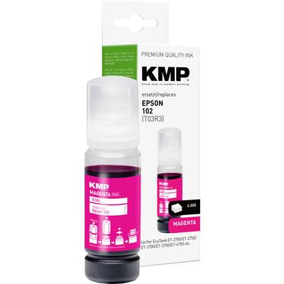 Butelka tuszu do drukarek Epson 102. Kolor magenta z etykietą prezentującą szczegóły kompatybilności oraz oznaczenie marki 'KMP Premium Quality Ink'.