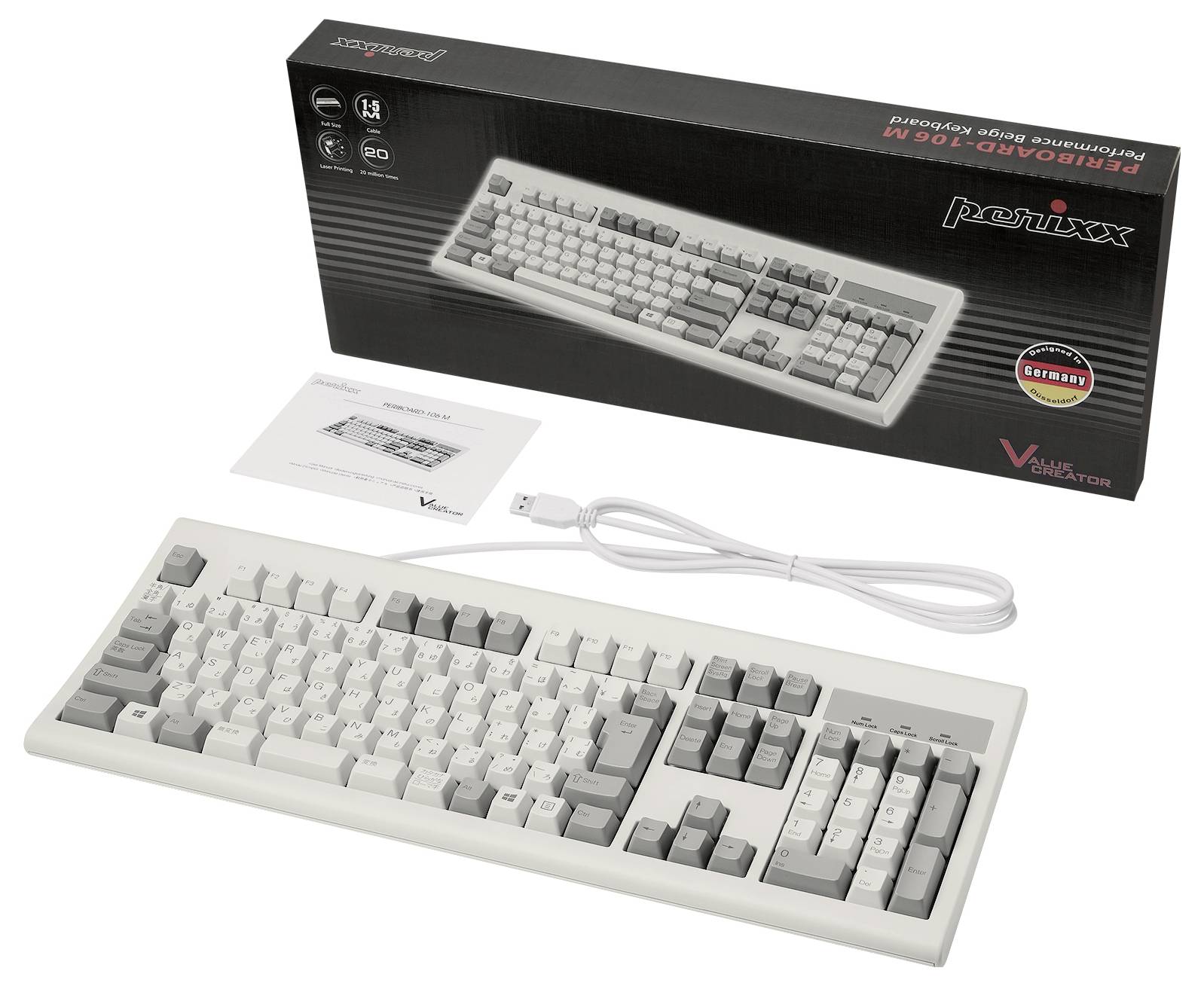 Klawiatura w kolorze białym i szarym z opakowaniem kartonowym, przewodem USB i instrukcją obsługi. Nazwa modelu 'ProMixx'.