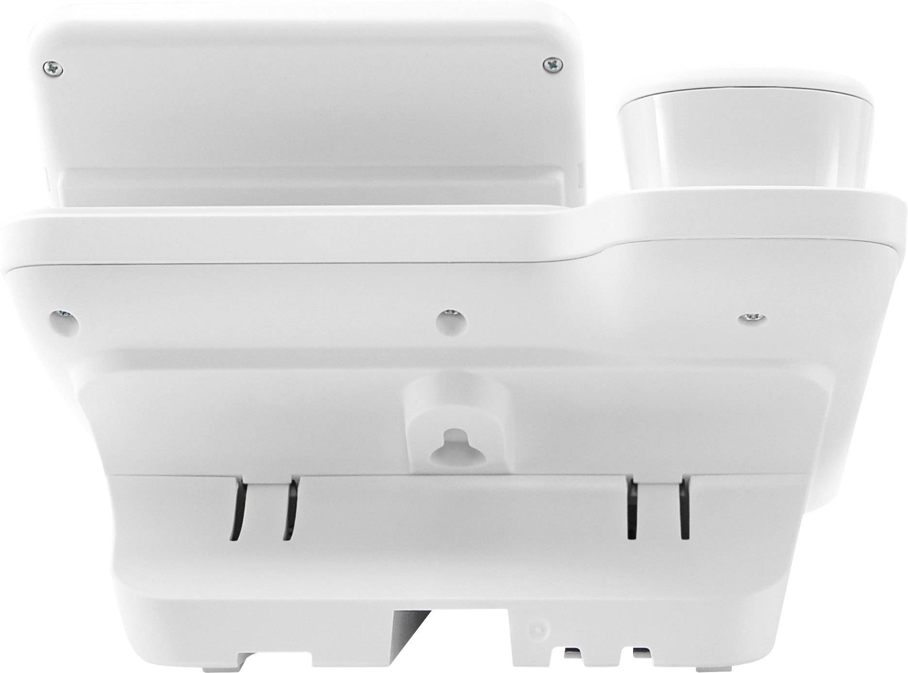 Biały elektryczny dozownik mydła z wbudowanym czujnikiem, nadający się do montażu ściennego, przedstawiający spodnią część i możliwości mocowania.