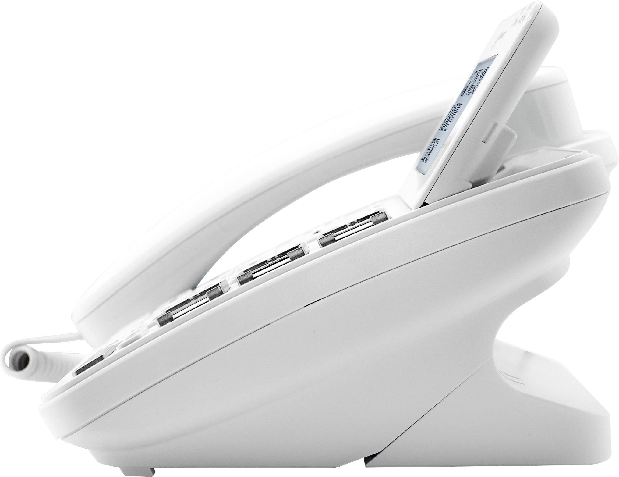 Białe, nowoczesne telefon stacjonarny z słuchawką i klawiszami, sfotografowany z boku, spoczywa na gładkiej powierzchni.