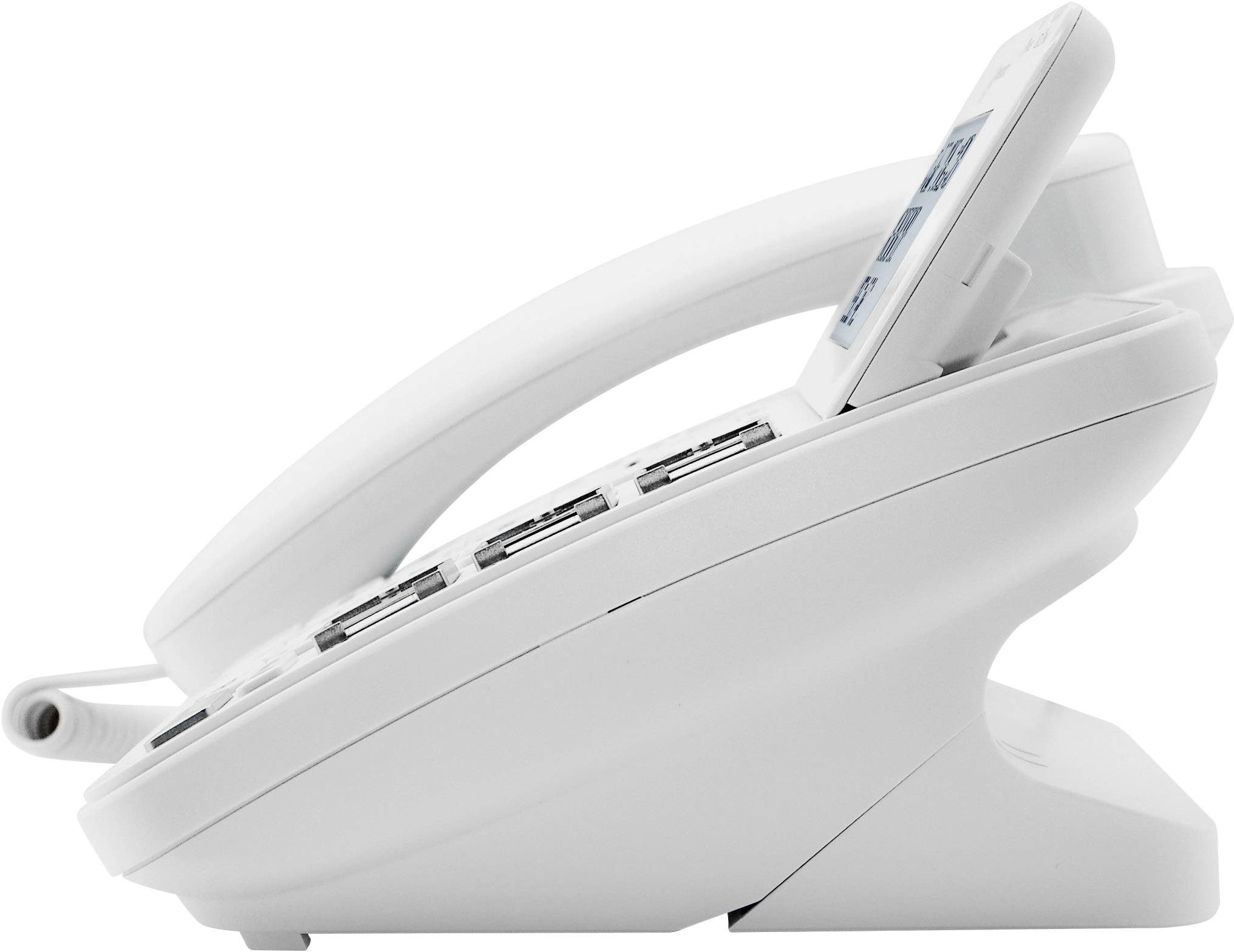 Białe nabiurkowe telefon stacjonarny z wieloma przyciskami i słuchawką, widziany z boku.