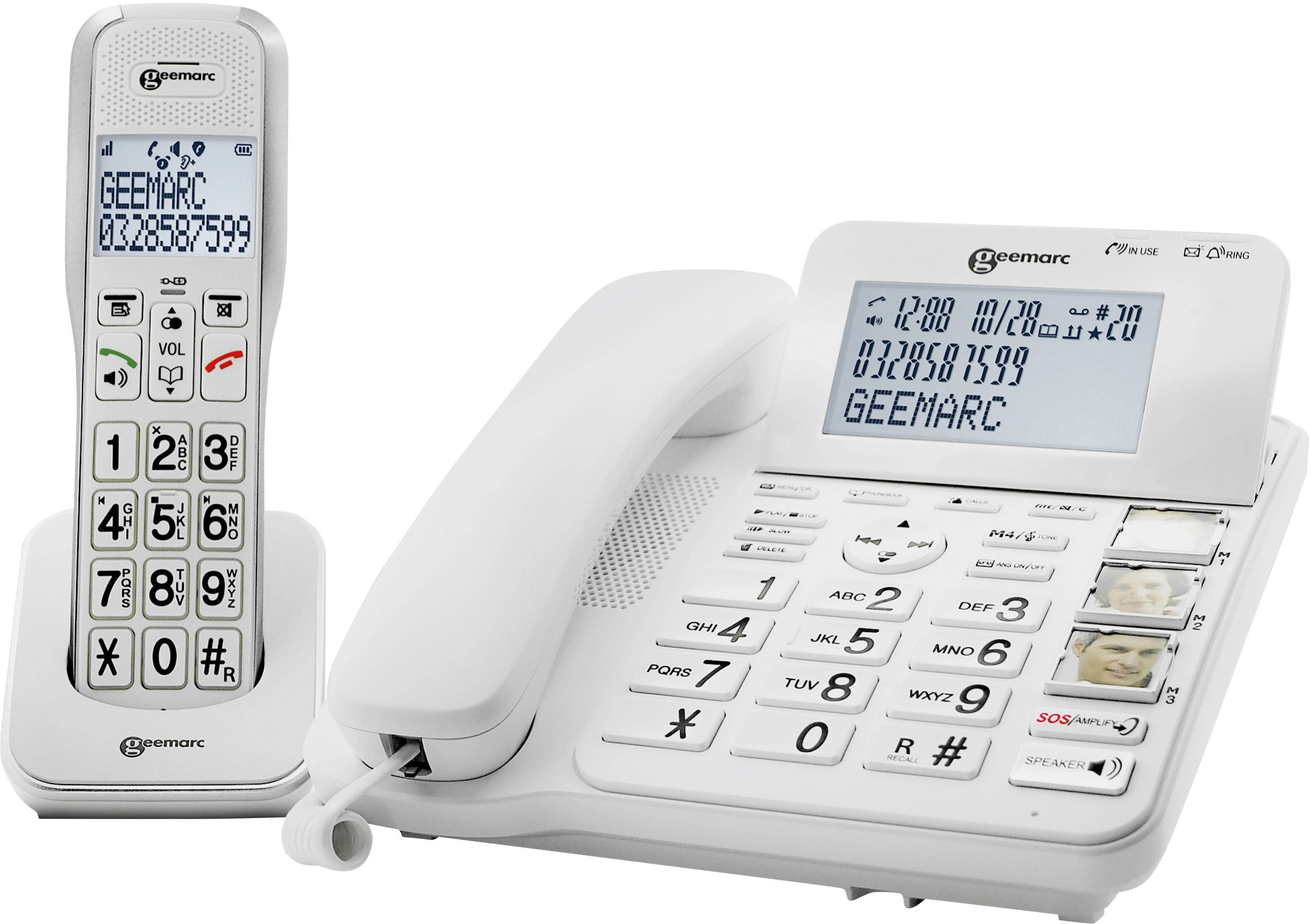 Bezprzewodowy telefon DECT z bazą i dużymi, dobrze widocznymi przyciskami. Na wyświetlaczu widoczny napis 'GEEMARC 0328857599'.