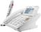 Biały, ergonomiczny telefon z dużymi przyciskami i wyświetlaczem cyfrowym; przeznaczony dla osób z niepełnosprawnością wzroku lub słuchu.