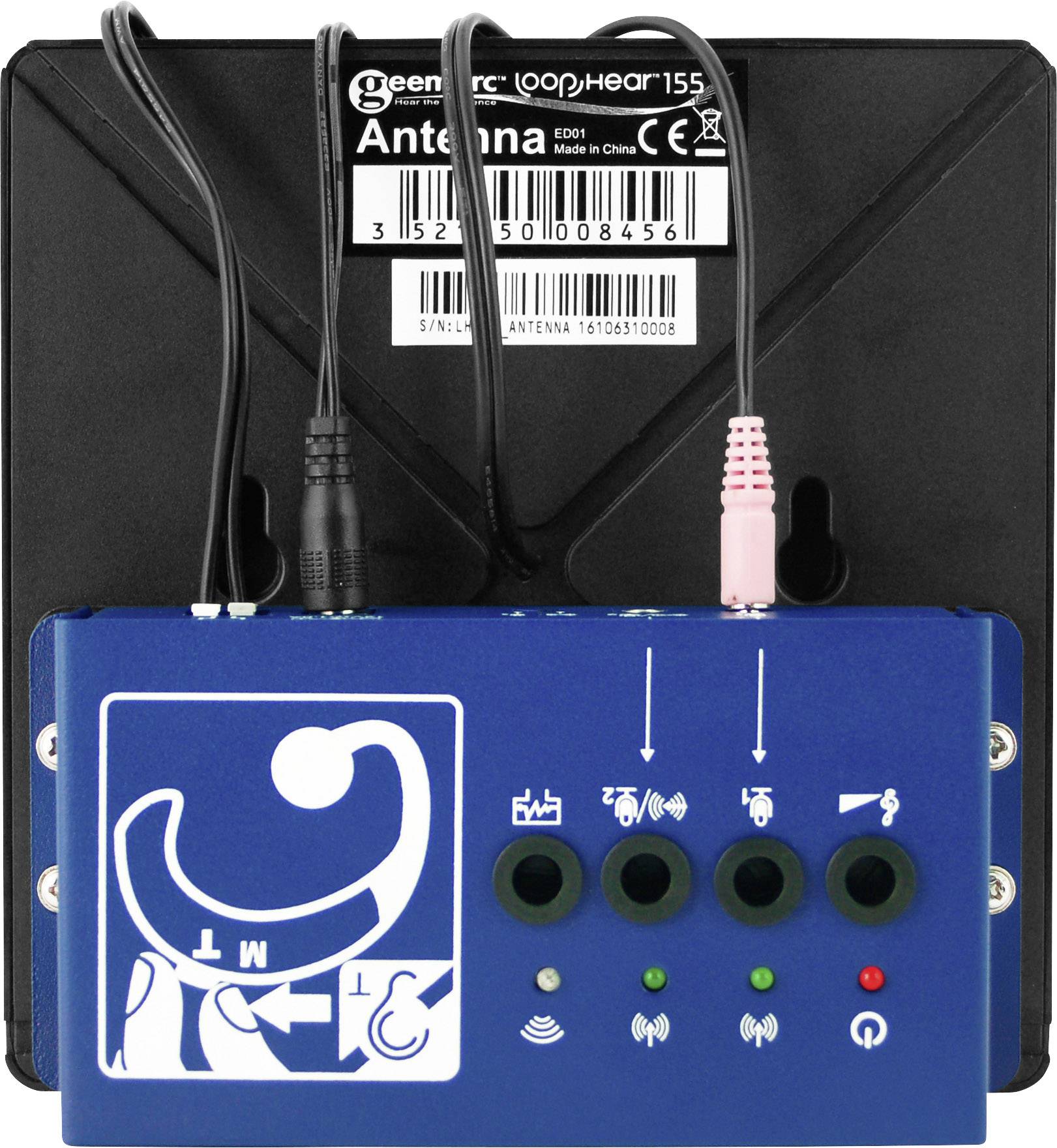 Niebieskie urządzenie elektroniczne z wieloma złączami i symbolami, podłączone do czarnej anteny.