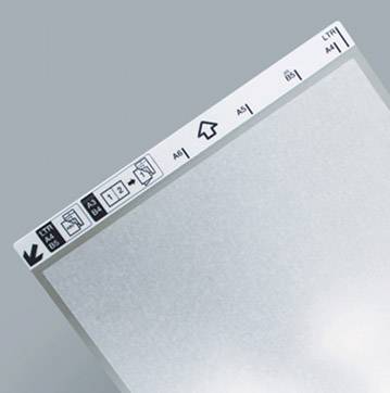 Szara teczka z kartą indeksową do organizacji dokumentów, przedstawiająca symbole orientacji strony i rozmiaru papieru.