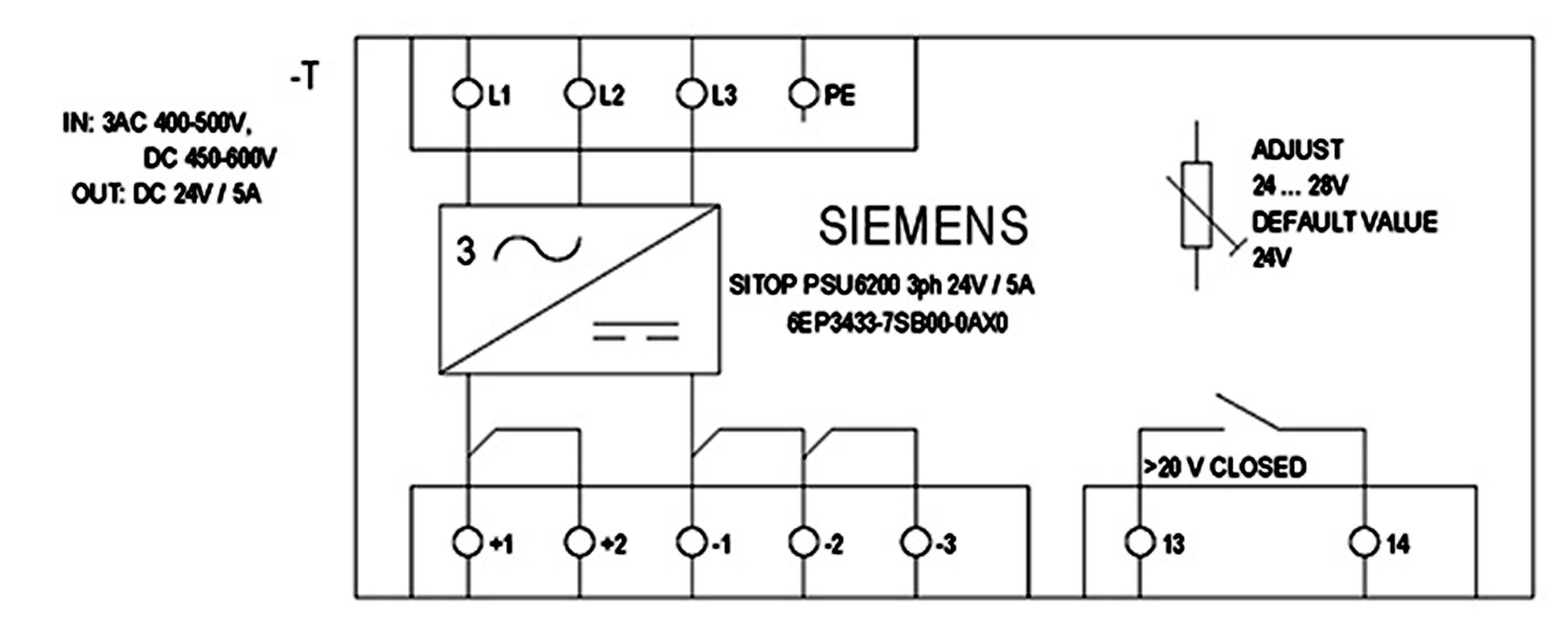 Schemat elektryczny jednostki zasilającej Siemens, SITOP PSU6200, 24V/5A. Przedstawia złącza L1, L2, L3, PE oraz możliwości ustawień.