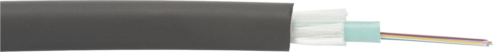 Przekrój poprzeczny kabla światłowodowego, ukazujący zewnętrzną powłokę ochronną, materiał wypełniający oraz centralne, kolorowe włókna.