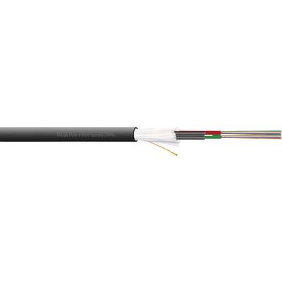Kabel światłowodowe z wielokolorowymi włóknami, w czarnej osłonie ochronnej. Stosowane do szybkiego przesyłania danych w sieciach.