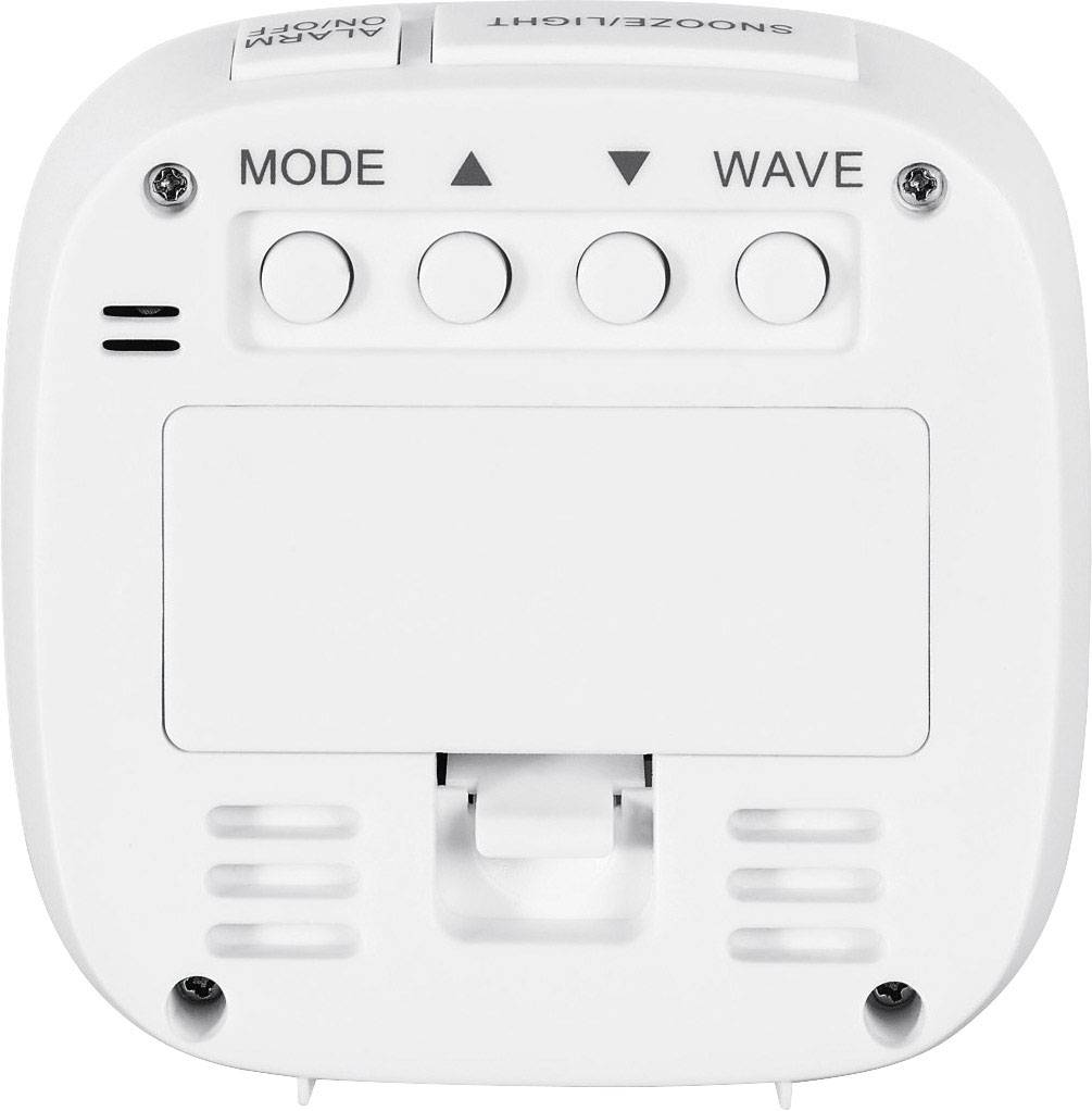 Białe urządzenie elektryczne z czterema przyciskami na górnej powierzchni: MODE, WAVE oraz dwa symbole trójkątne. Przeznaczenie urządzenia nie jest jasne.