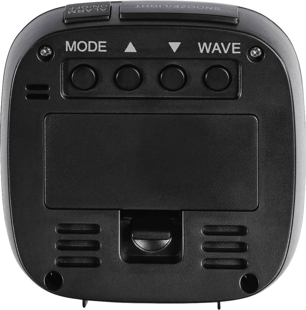 Czarna tylna strona cyfrowego budzika z czterema przyciskami: 'Mode', 'Wave' oraz dwoma strzałkami regulacji. Na górze: 'Drzemka/Podświetlenie', 'Alarm Włączony/Wyłączony'.