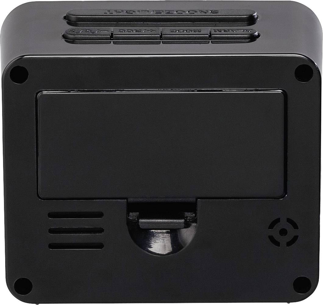 Czarny, prostokątny elektroniczny sprzęt z kilkoma przyciskami na górnej powierzchni, nadający się do użycia jako budzik lub radio.